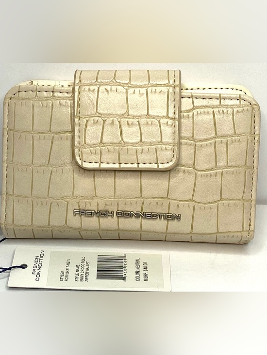 French Connection Handbags - French Connection Cream Croc-Embossed Snap Wallet